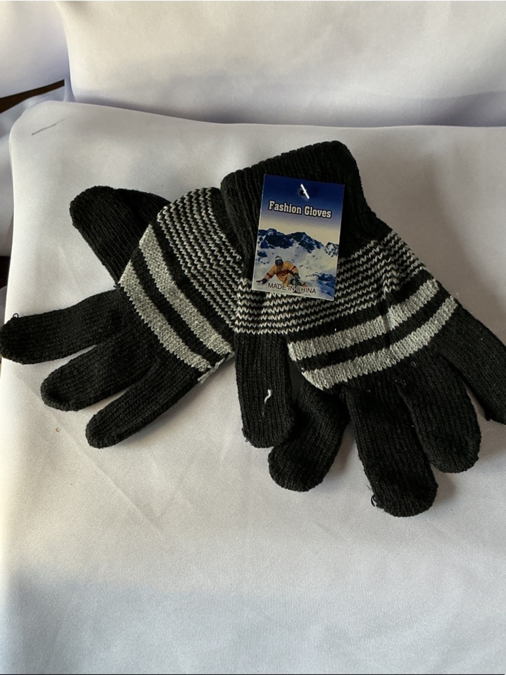 ★ Winter Knit Fashion Gloves Black Striped Stretch Cold Weather New